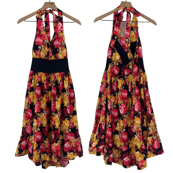 Lindy Bop Fit & Flare Halter Dress Retro Floral Print Midi Pin Up NEW Womens S - Picture 1 of 9